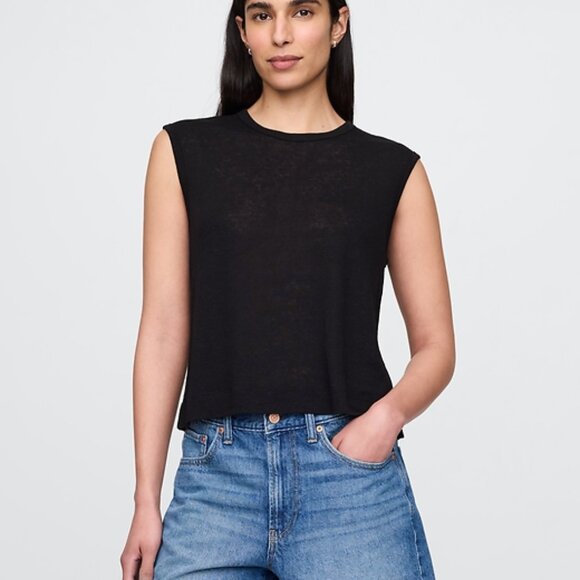 GAP  Linen-Blend Crewneck Shell Tank Top L | Black - Picture 1 of 2